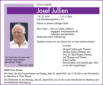 Traueranzeige von Josef Jullien von TRIERISCHER VOLKSFREUND