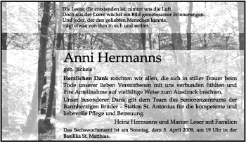 Traueranzeige von Anni Hermanns von TRIERISCHER VOLKSFREUND