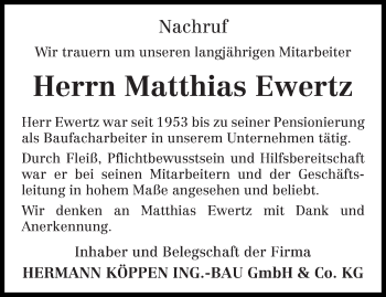 Traueranzeige von Matthias Ewertz von trierischer_volksfreund