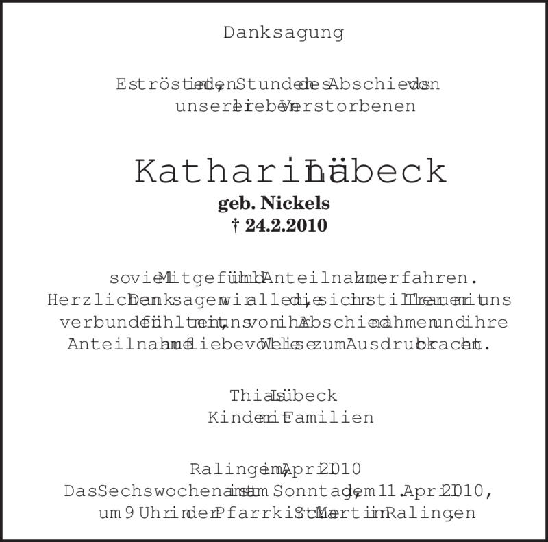  Traueranzeige für Katharina Lübeck vom 03.04.2010 aus TRIERISCHER VOLKSFREUND