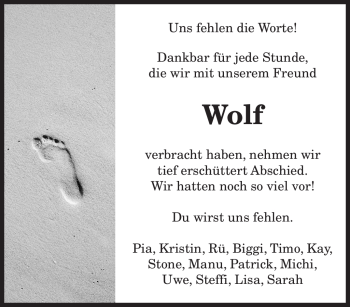 Traueranzeige von Wolf Unbekannt von TRIERISCHER VOLKSFREUND