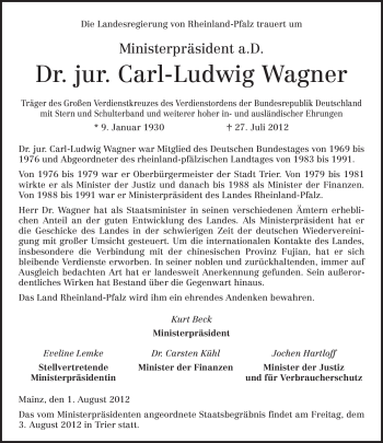 Traueranzeige von Carl-Ludwig Wagner von TRIERISCHER VOLKSFREUND