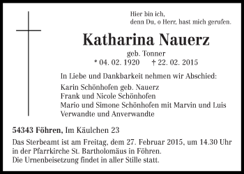 Traueranzeige von Katharina Nauerz von trierischer_volksfreund