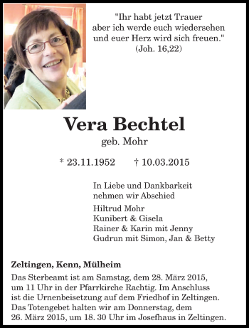 Traueranzeige von Vera Bechtel von trierischer_volksfreund