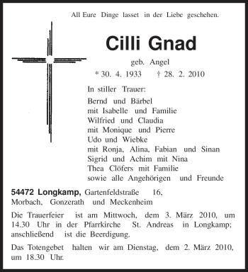 Traueranzeige von Cilli Gnad von TRIERISCHER VOLKSFREUND