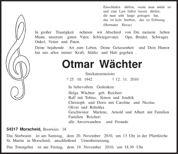 Traueranzeige von Otmar Wächter von TRIERISCHER VOLKSFREUND