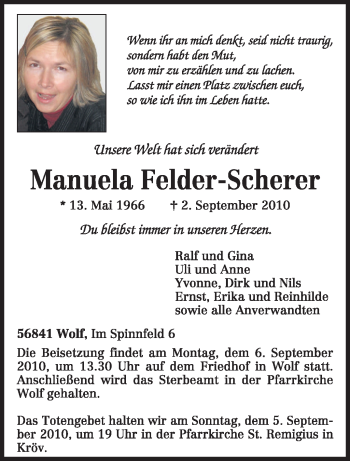 Traueranzeige von Manuela Felder-Schserer von TRIERISCHER VOLKSFREUND