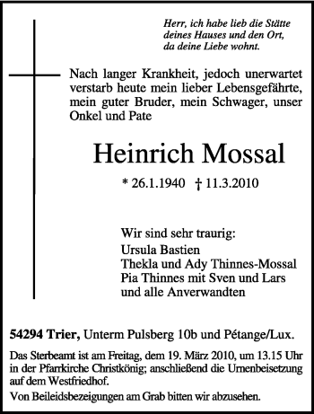 Traueranzeige von Heinrich Mossal von TRIERISCHER VOLKSFREUND