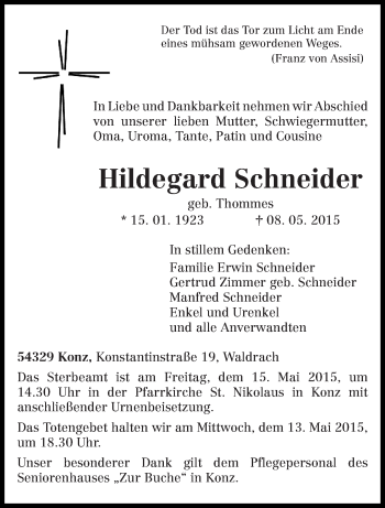 Traueranzeige von Hildegard Schneider von trierischer_volksfreund