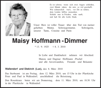 Traueranzeige von Maisy Hoffmann - Dimmer von TRIERISCHER VOLKSFREUND