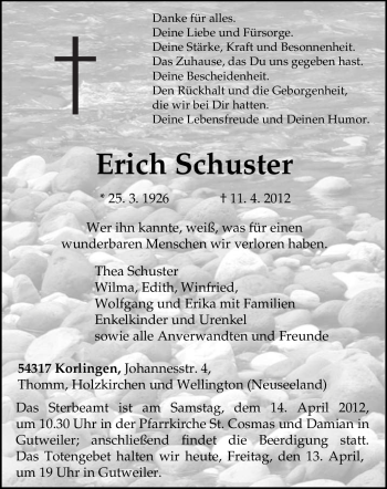 Traueranzeige von Erich Schuster von TRIERISCHER VOLKSFREUND