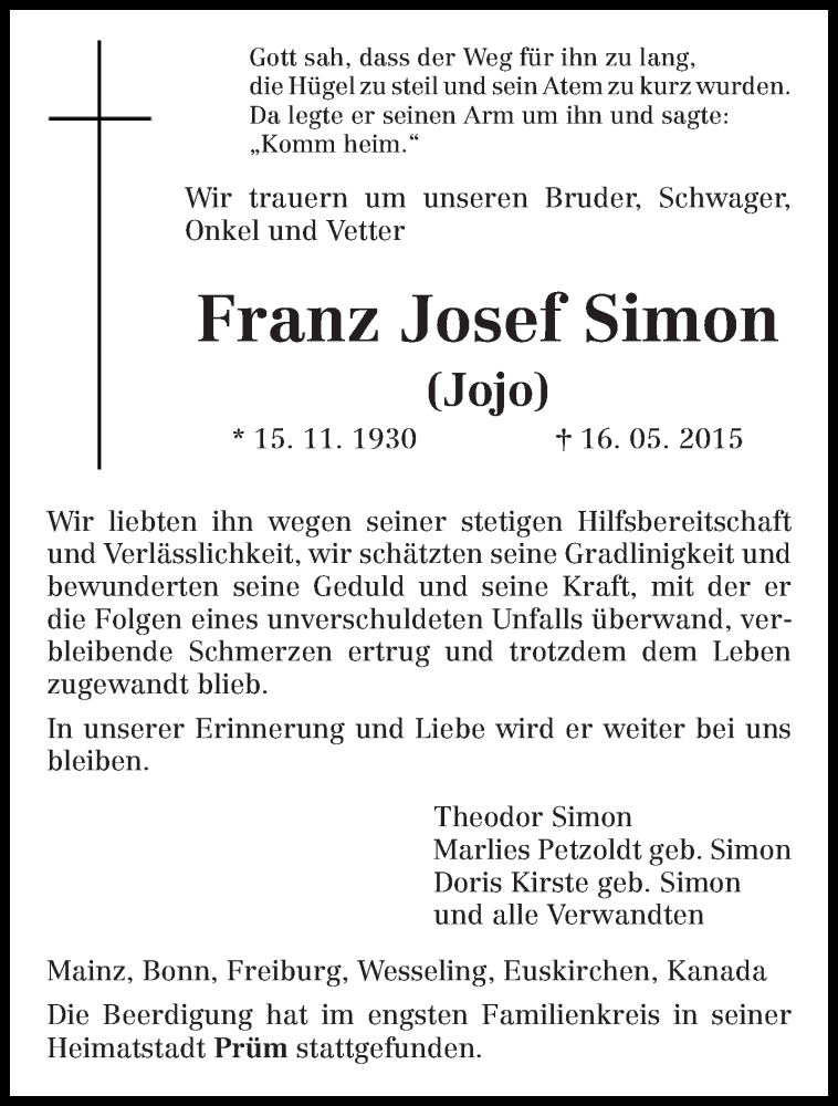  Traueranzeige für Franz Josef Simon vom 02.06.2015 aus trierischer_volksfreund