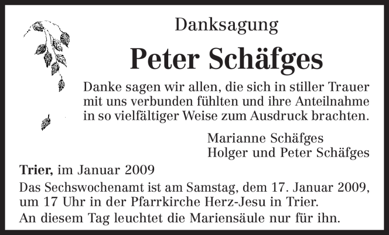  Traueranzeige für Peter Schäfges vom 10.01.2009 aus TRIERISCHER VOLKSFREUND