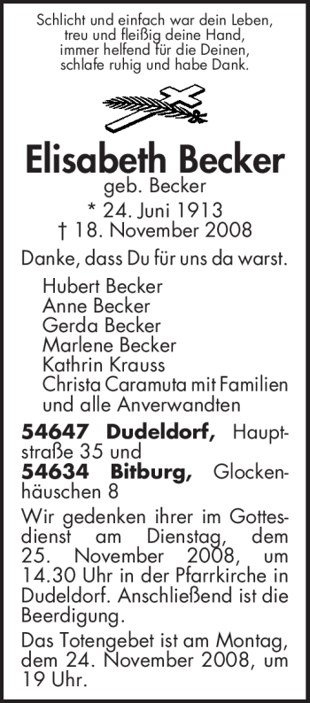 Traueranzeige von Elisabeth Becker von TRIERISCHER VOLKSFREUND