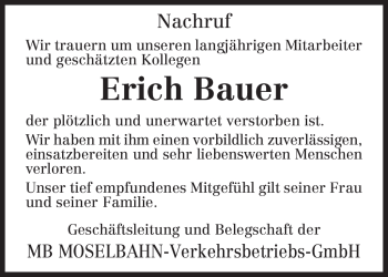Traueranzeige von Erich Bauer von TRIERISCHER VOLKSFREUND
