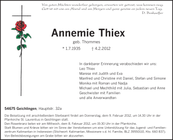Traueranzeige von Annemie Thiex von TRIERISCHER VOLKSFREUND