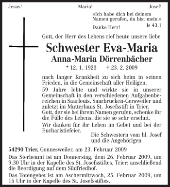 Traueranzeige von Anna-Maria Dörrenbächer von TRIERISCHER VOLKSFREUND