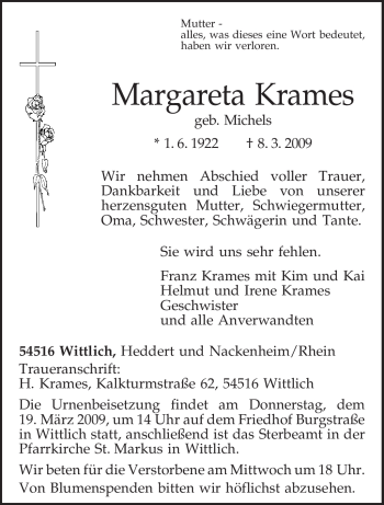 Traueranzeige von Margareta Krames von TRIERISCHER VOLKSFREUND