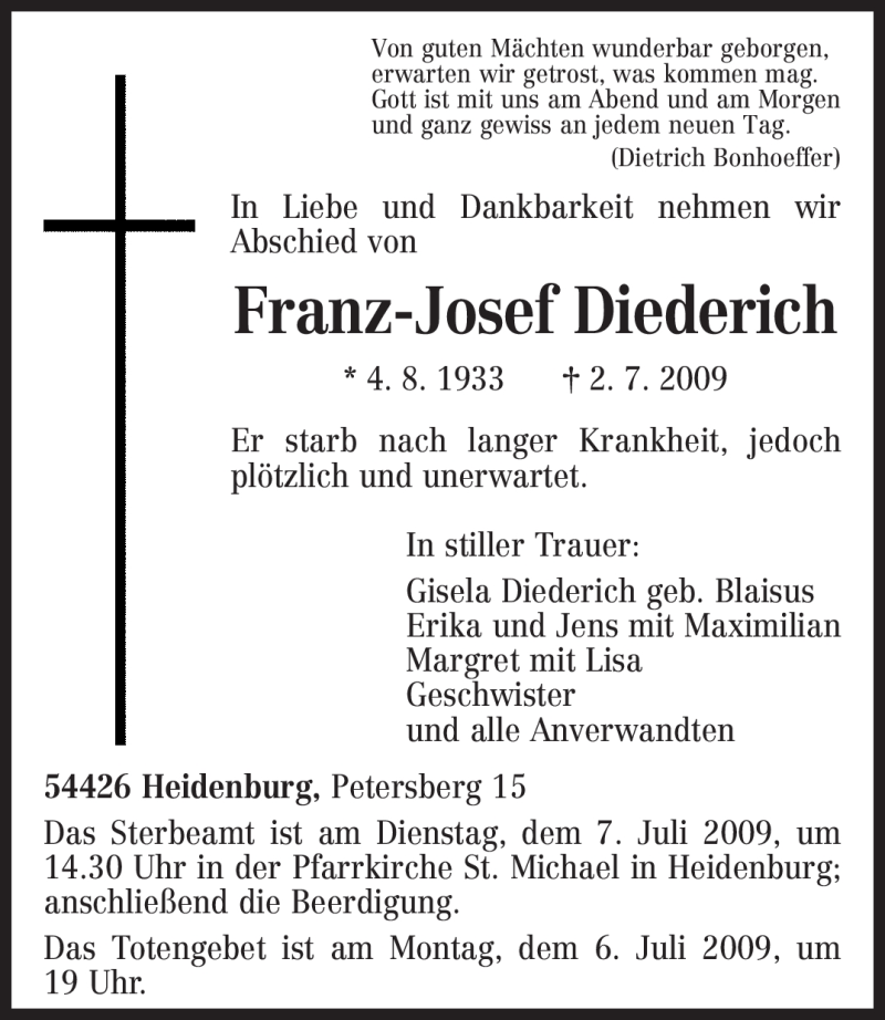  Traueranzeige für Franz-Josef Diederich vom 04.07.2009 aus TRIERISCHER VOLKSFREUND