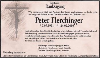 Traueranzeige von Peter Flerchinger von TRIERISCHER VOLKSFREUND