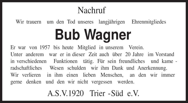  Traueranzeige für Bub Wagner vom 10.09.2011 aus TRIERISCHER VOLKSFREUND