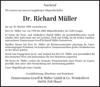 Traueranzeige von Richard Müller von TRIERISCHER VOLKSFREUND