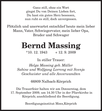 Traueranzeige von Bernd Massing von TRIERISCHER VOLKSFREUND