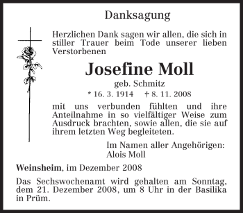 Traueranzeige von Josefine Moll von TRIERISCHER VOLKSFREUND
