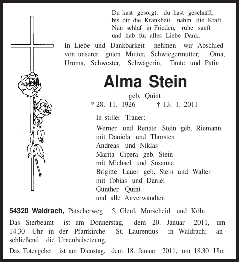  Traueranzeige für Alma Stein vom 15.01.2011 aus TRIERISCHER VOLKSFREUND