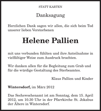 Traueranzeige von Helene Pallien von TRIERISCHER VOLKSFREUND