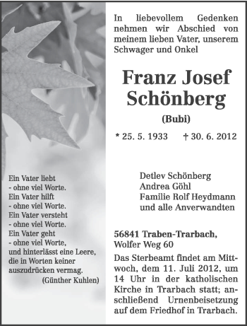 Traueranzeige von Franz Josef Schönberg von TRIERISCHER VOLKSFREUND