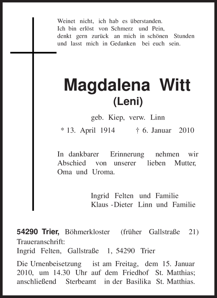  Traueranzeige für Magdalena Witt vom 12.01.2010 aus TRIERISCHER VOLKSFREUND