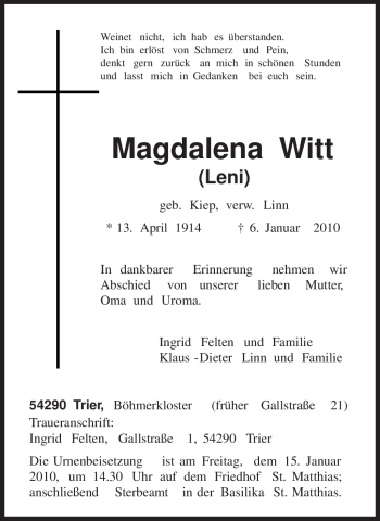 Traueranzeige von Magdalena Witt von TRIERISCHER VOLKSFREUND