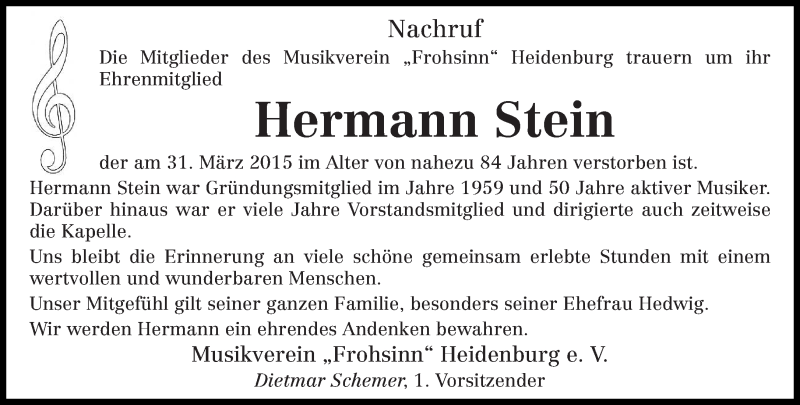  Traueranzeige für Hermann Stein vom 04.04.2015 aus trierischer_volksfreund