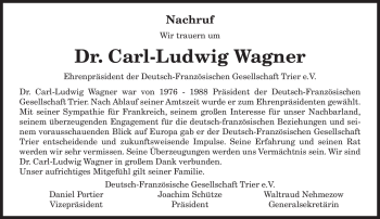 Traueranzeige von Carl-Ludwig Wagner von TRIERISCHER VOLKSFREUND