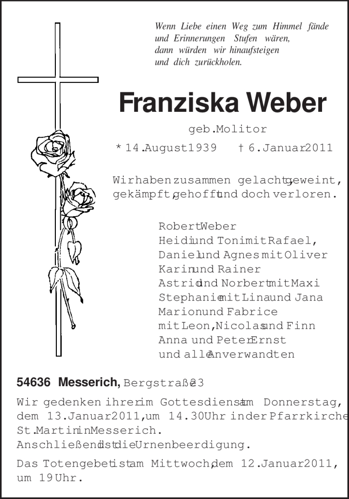  Traueranzeige für Franziska Weber vom 10.01.2011 aus TRIERISCHER VOLKSFREUND