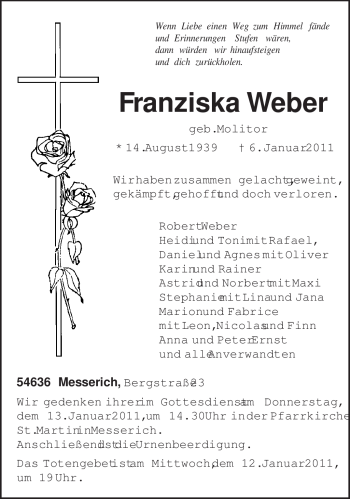 Traueranzeige von Franziska Weber von TRIERISCHER VOLKSFREUND