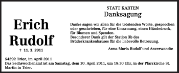 Traueranzeige von Erich Rudolf von TRIERISCHER VOLKSFREUND
