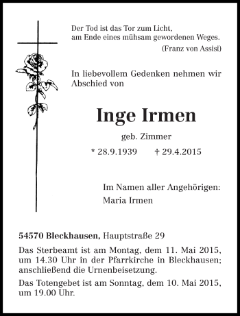 Traueranzeige von Inge Irmen von trierischer_volksfreund