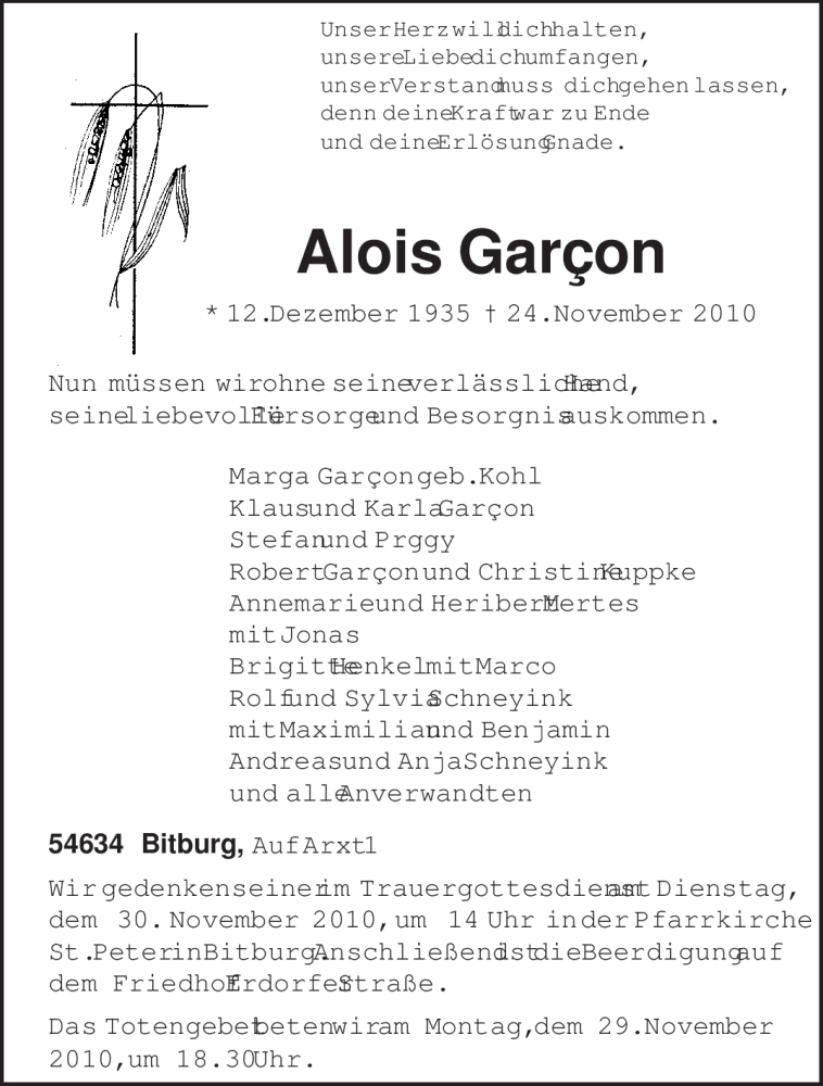  Traueranzeige für Alois Garcon vom 26.11.2010 aus TRIERISCHER VOLKSFREUND