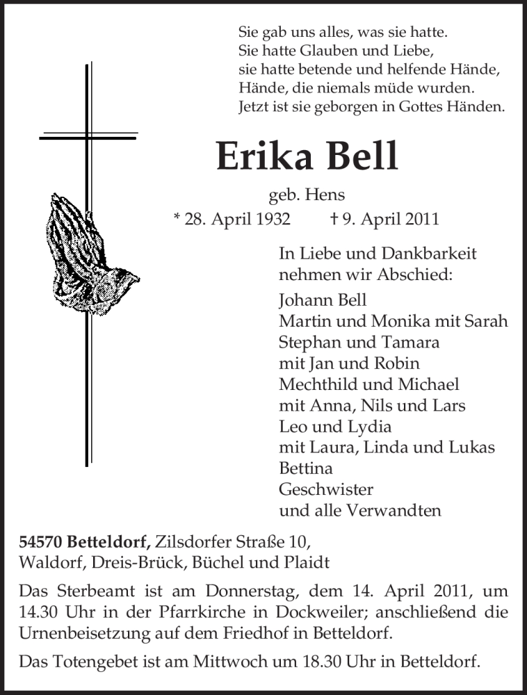  Traueranzeige für Erika Bell vom 12.04.2011 aus TRIERISCHER VOLKSFREUND