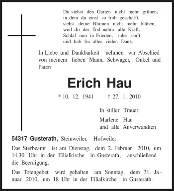 Traueranzeige von Erich Hau von TRIERISCHER VOLKSFREUND