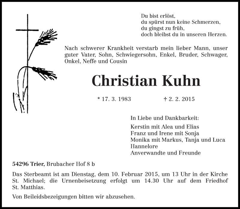  Traueranzeige für Christian Kuhn vom 06.02.2015 aus trierischer_volksfreund