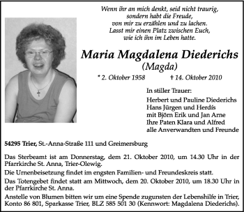 Traueranzeige von Maria Magdalena Diederichs von TRIERISCHER VOLKSFREUND