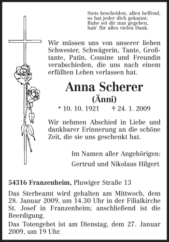Traueranzeige von Anna Scherer von TRIERISCHER VOLKSFREUND
