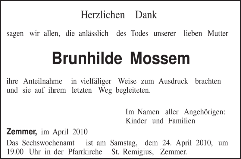  Traueranzeige für Brunhilde Mossem vom 21.04.2010 aus TRIERISCHER VOLKSFREUND