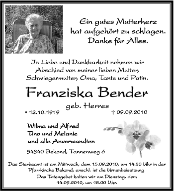 Traueranzeige von Franziska Bender von TRIERISCHER VOLKSFREUND