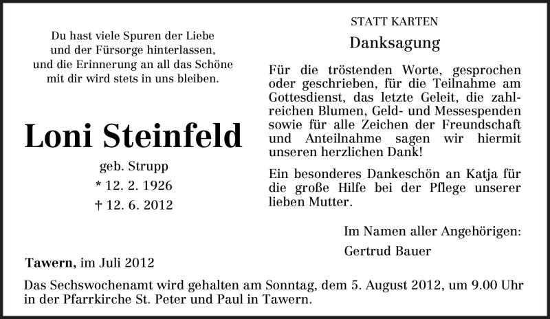  Traueranzeige für Loni Steinfeld vom 28.07.2012 aus TRIERISCHER VOLKSFREUND