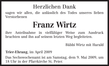 Traueranzeige von Franz Wirtz von TRIERISCHER VOLKSFREUND