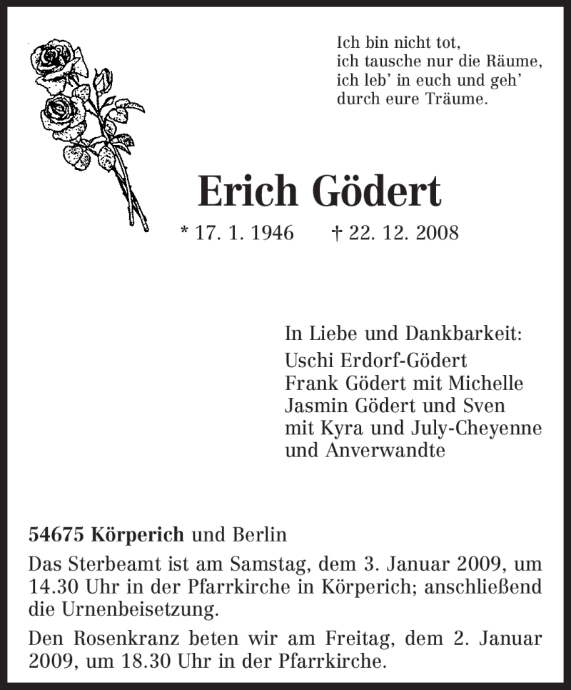  Traueranzeige für Erich Gödert vom 30.12.2008 aus TRIERISCHER VOLKSFREUND